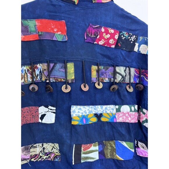 Vintage 90's NATIVEWEAR DESIGNS Patchwork Navy Blue Rayon Jacket Size Medium - Picture 9 of 13